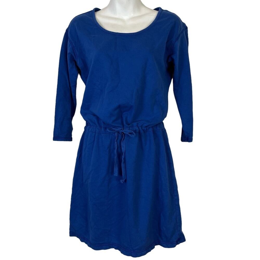 GH BASS & CO Blue Blouson 3/4 Sleeve Knit Mini 100% Cotton Drawstring Dress XS